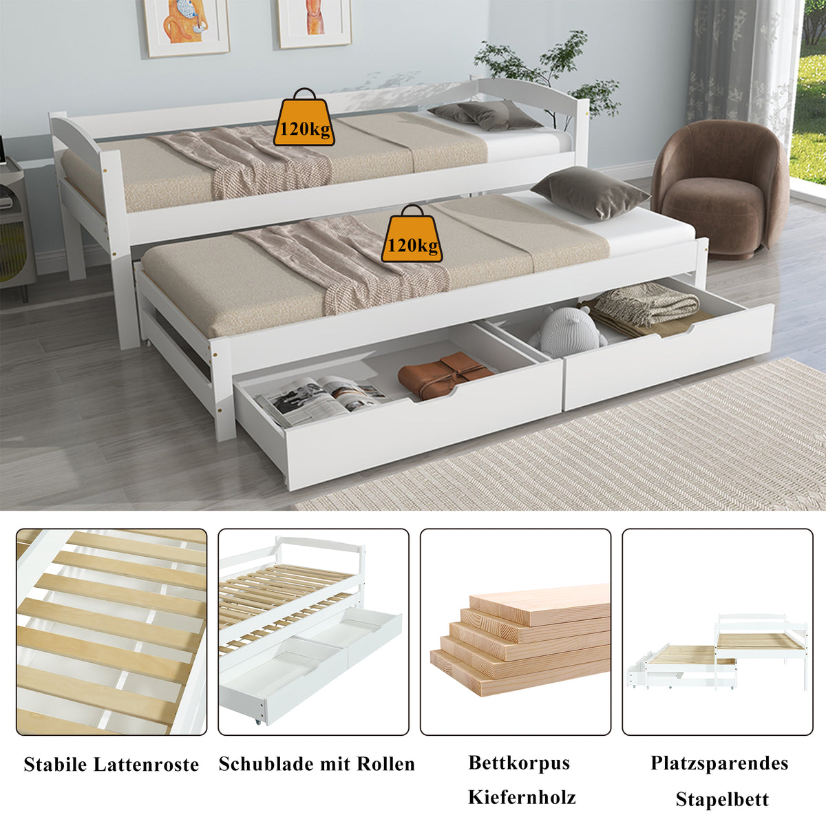 Daybed 90x200cm with Trundle & 2 Drawers, White Solid Wood
