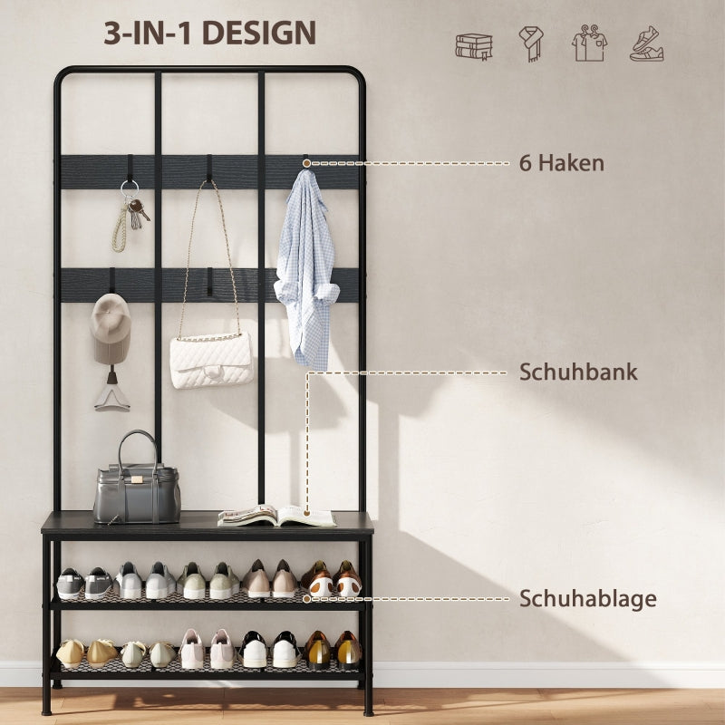 3-in-1 coat rack, coat hook, bench, shoe rack, metal, chipboard, black
