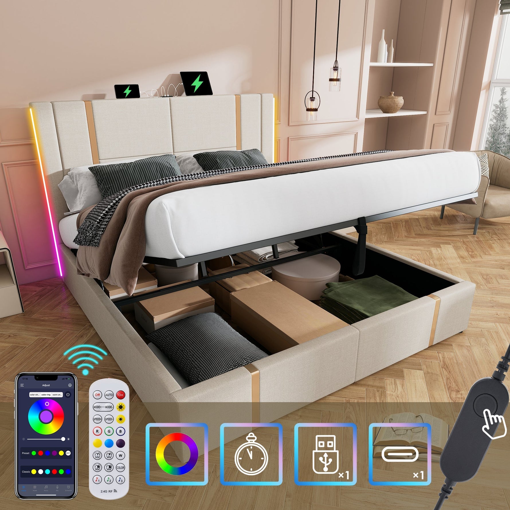 Upholstered Double Bed, USB C LED Storage Frame, Beige Linen