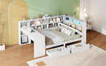 L-shaped Platform Bed 140x200 with Desk Bookshelf Upholstered Headboard Drawers LED Light White Wood