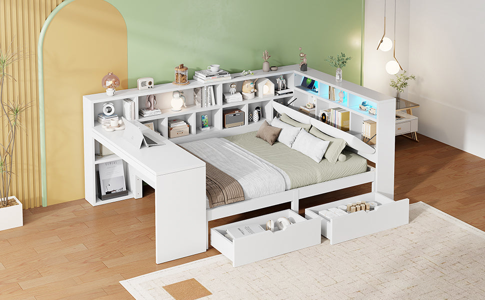 L-shaped Platform Bed 140x200 with Desk Bookshelf Upholstered Headboard Drawers LED Light White Wood