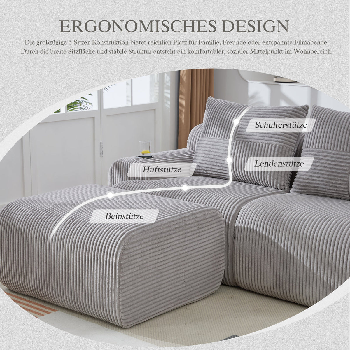 3-Seater Modular Corduroy Sofa with Ottomans, Cup Holders and Storage, Light Grey