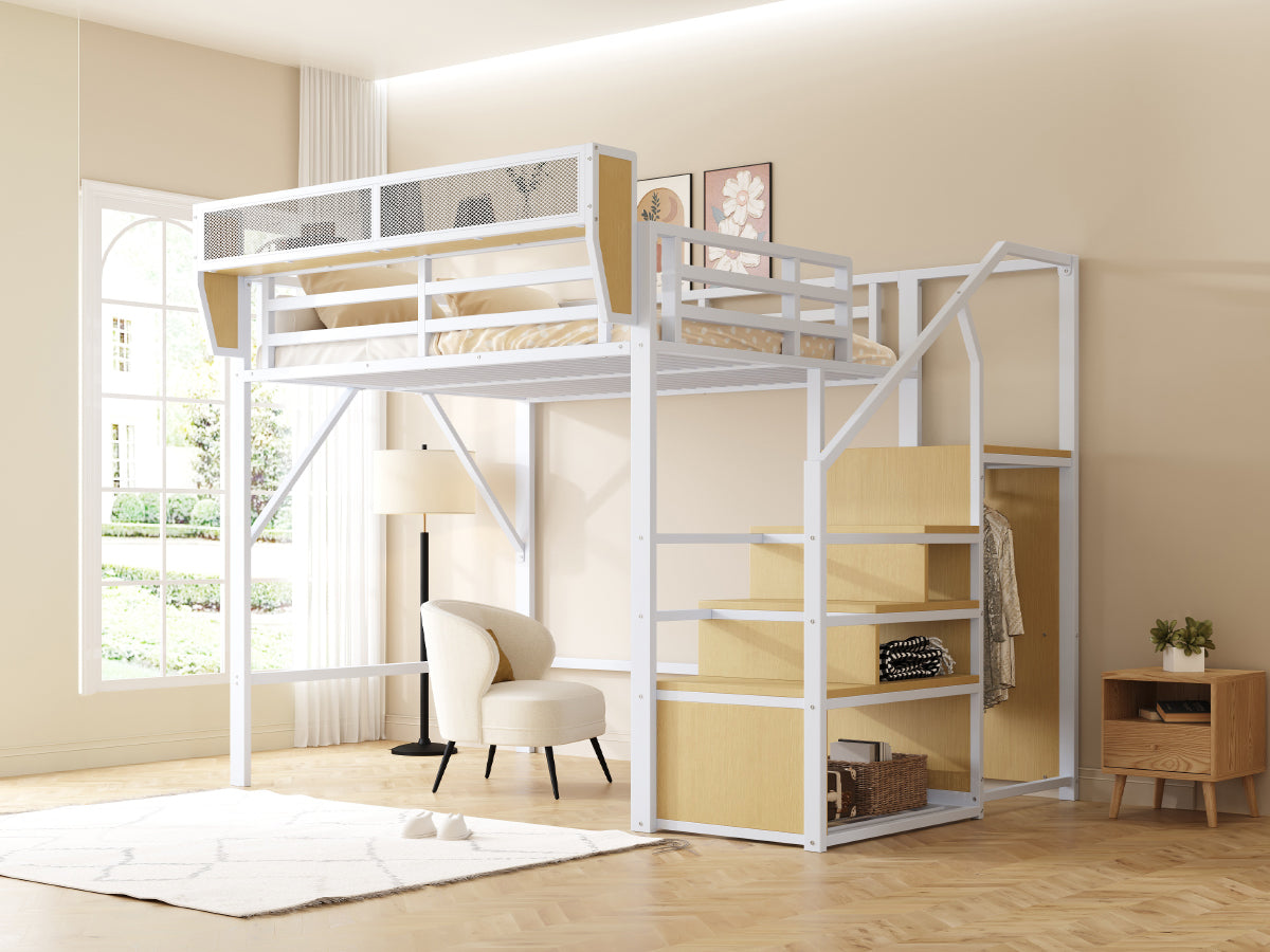 Loft Bed 140x200 with Safety Ladder & Storage, White Metal