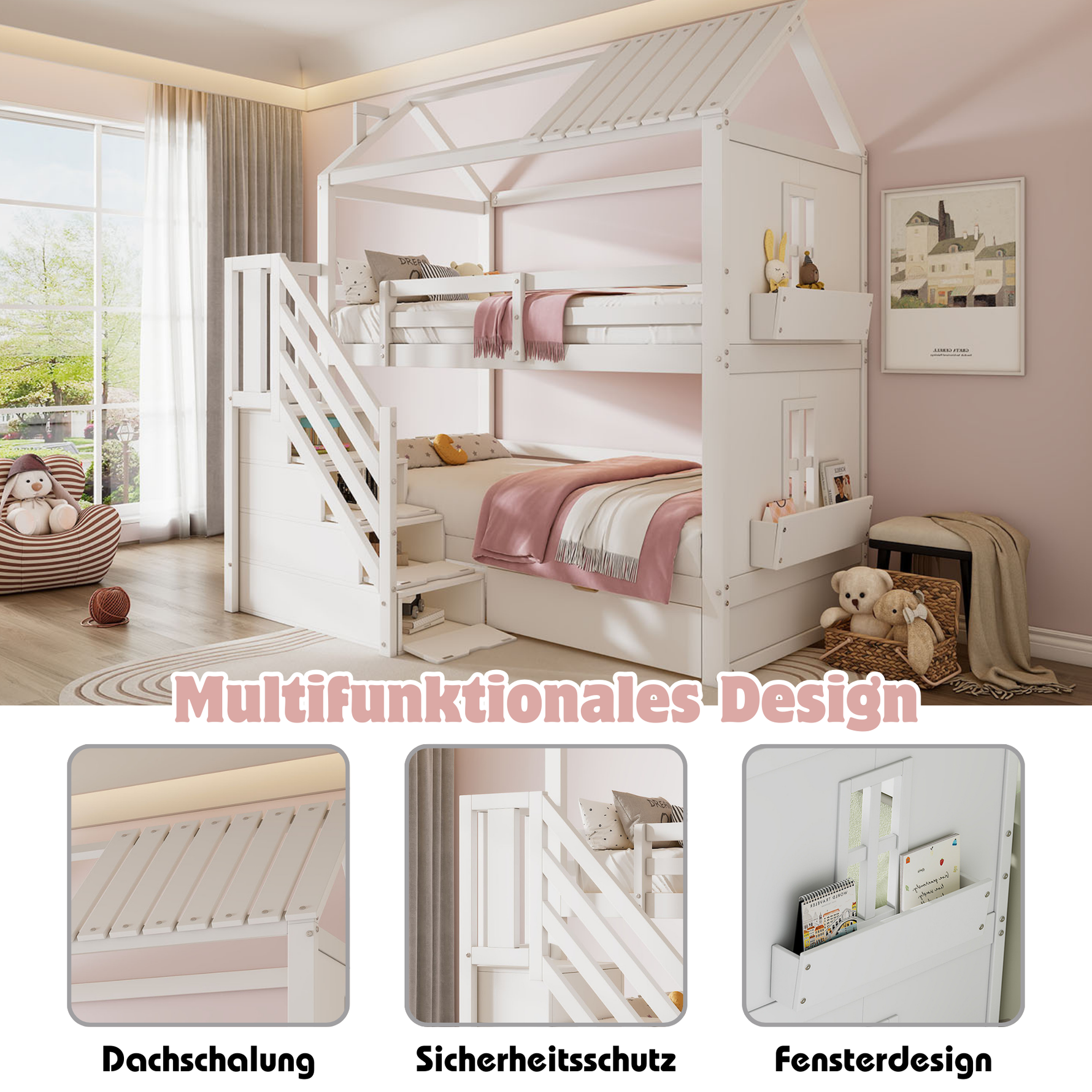 Children's Bunk Bed 90x200cm Multifunctional with Storage Stairs Drawers & Shelves Pine MDF White