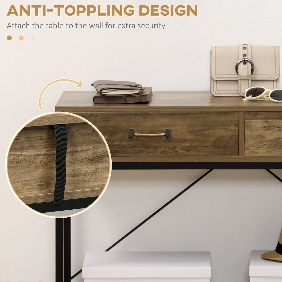 Side Table with 2 Drawers and Lower Shelf, Vintage Brown Black