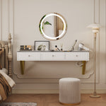 Wall-Mounted Vanity Table with 3 Drawers & Glass Top, White