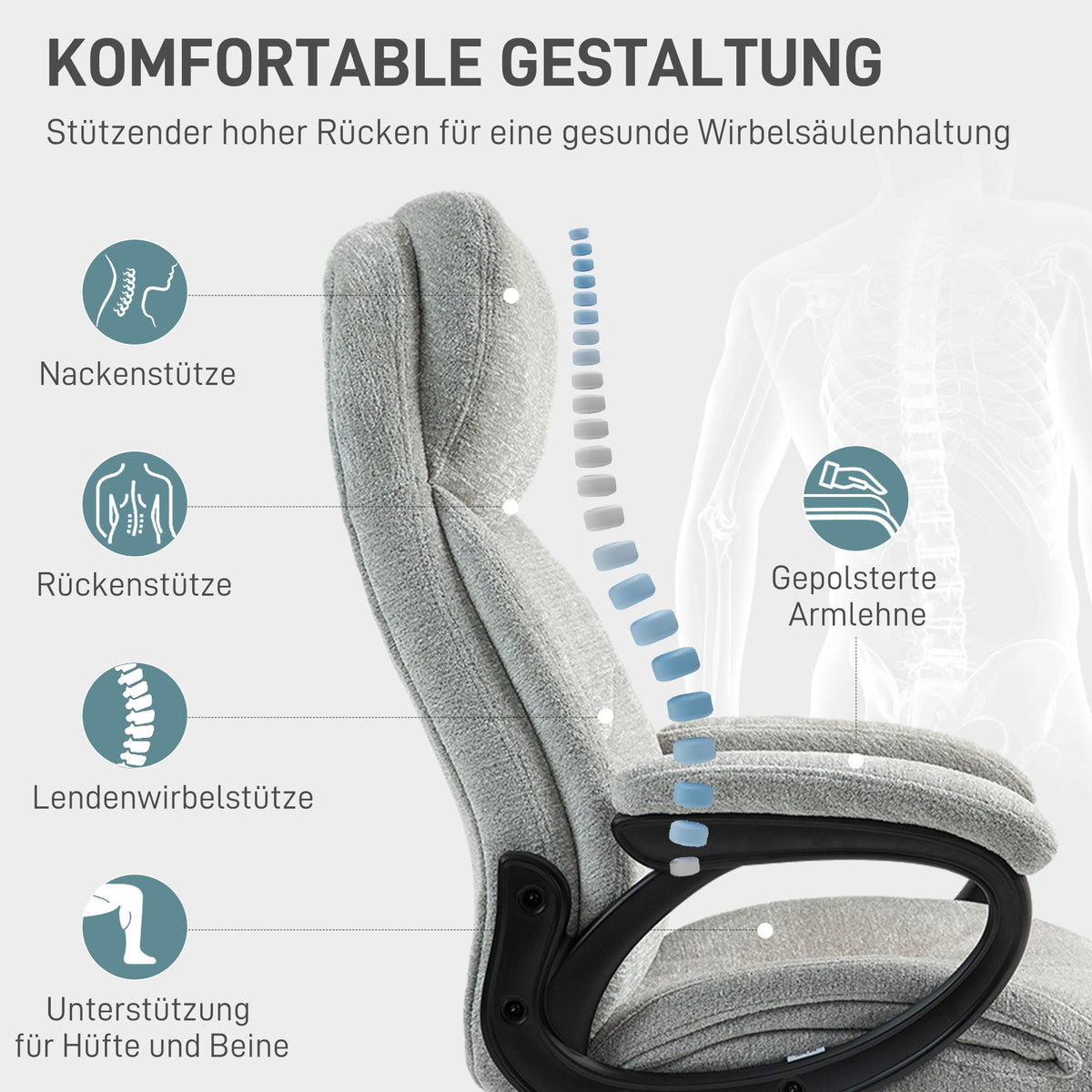 Office Chair, Rocking Function, Ergonomic, Height-Adjustable, Padded, Light Grey