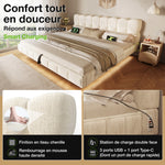 Upholstered Bed 140x190cm, Hydraulic Storage & LED, Beige Chenille