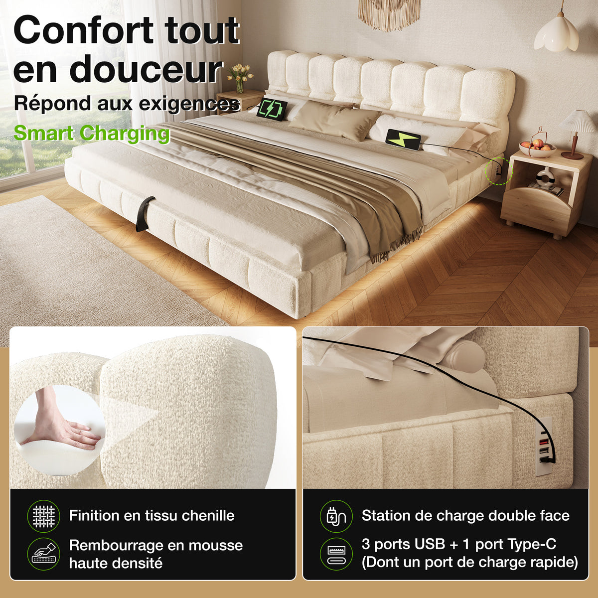 Upholstered Bed 140x190cm, Hydraulic Storage & LED, Beige Chenille