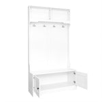 Entrance Cabinet, Storage Seat with Hooks & Open Compartments, White
