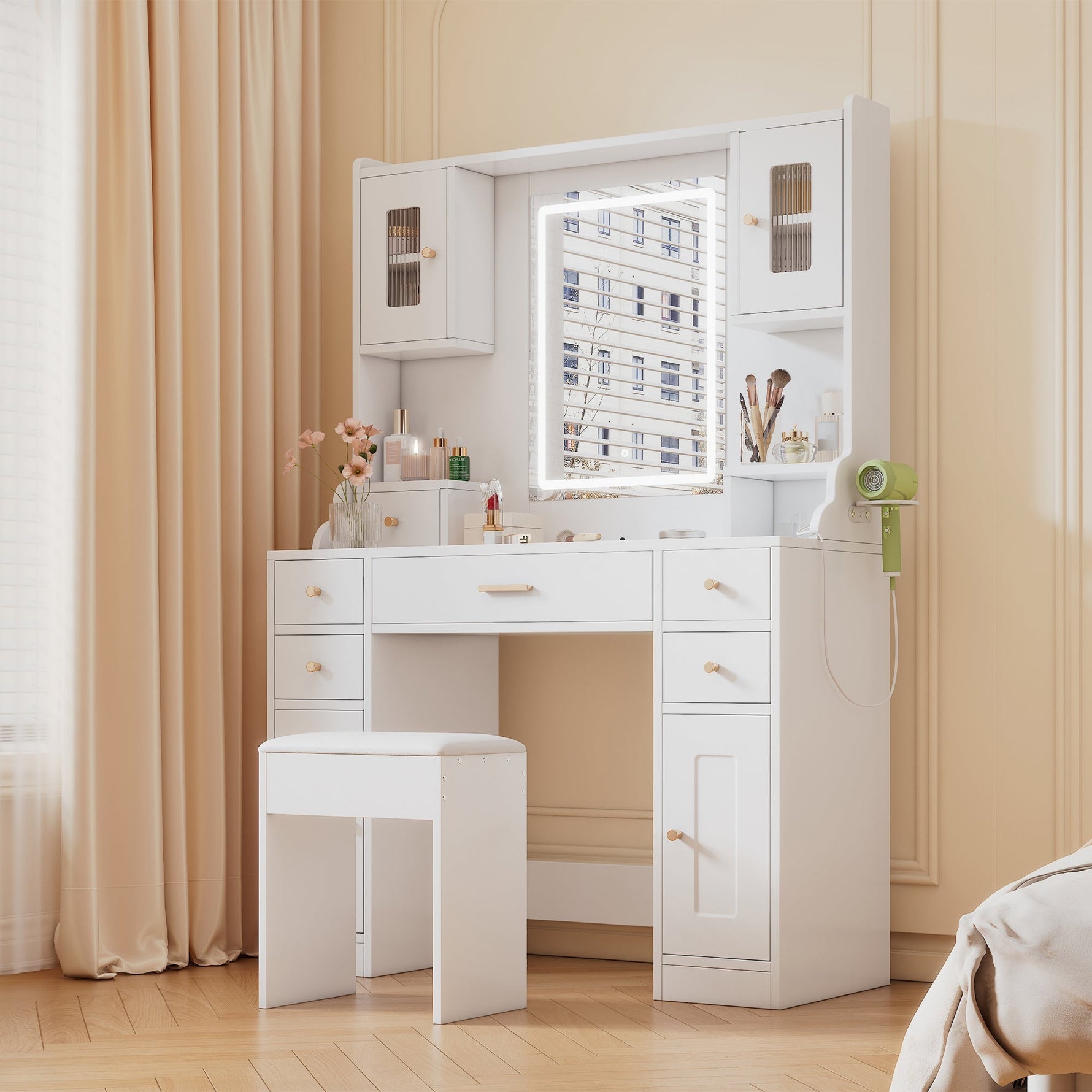 Dressing table with adjustable LED lighting, power outlets, mirror, 6 drawers, 4 doors, white
