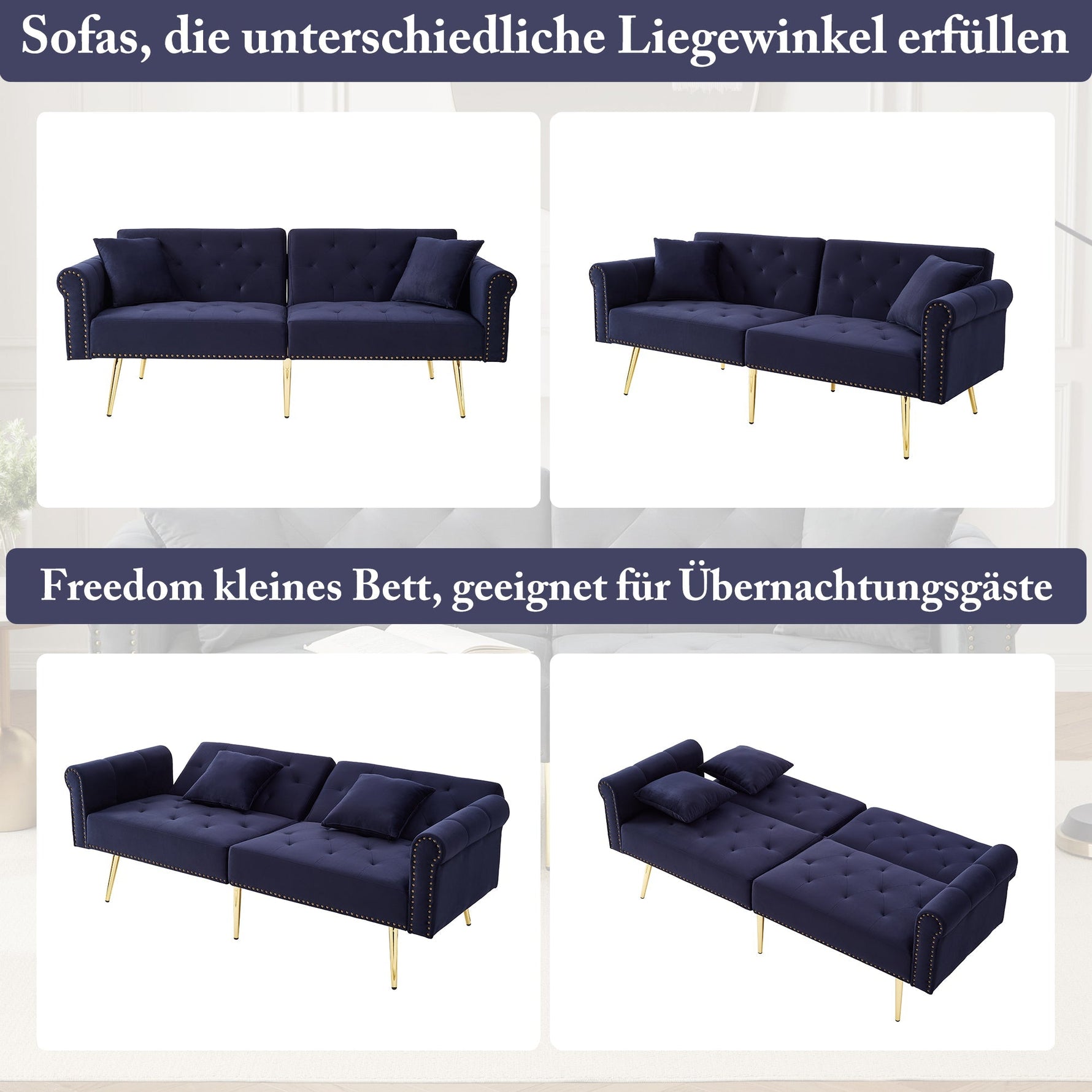 Sofa Bed, Modern 2-Seater, 3-Level Adjustable Backrest, Velvet