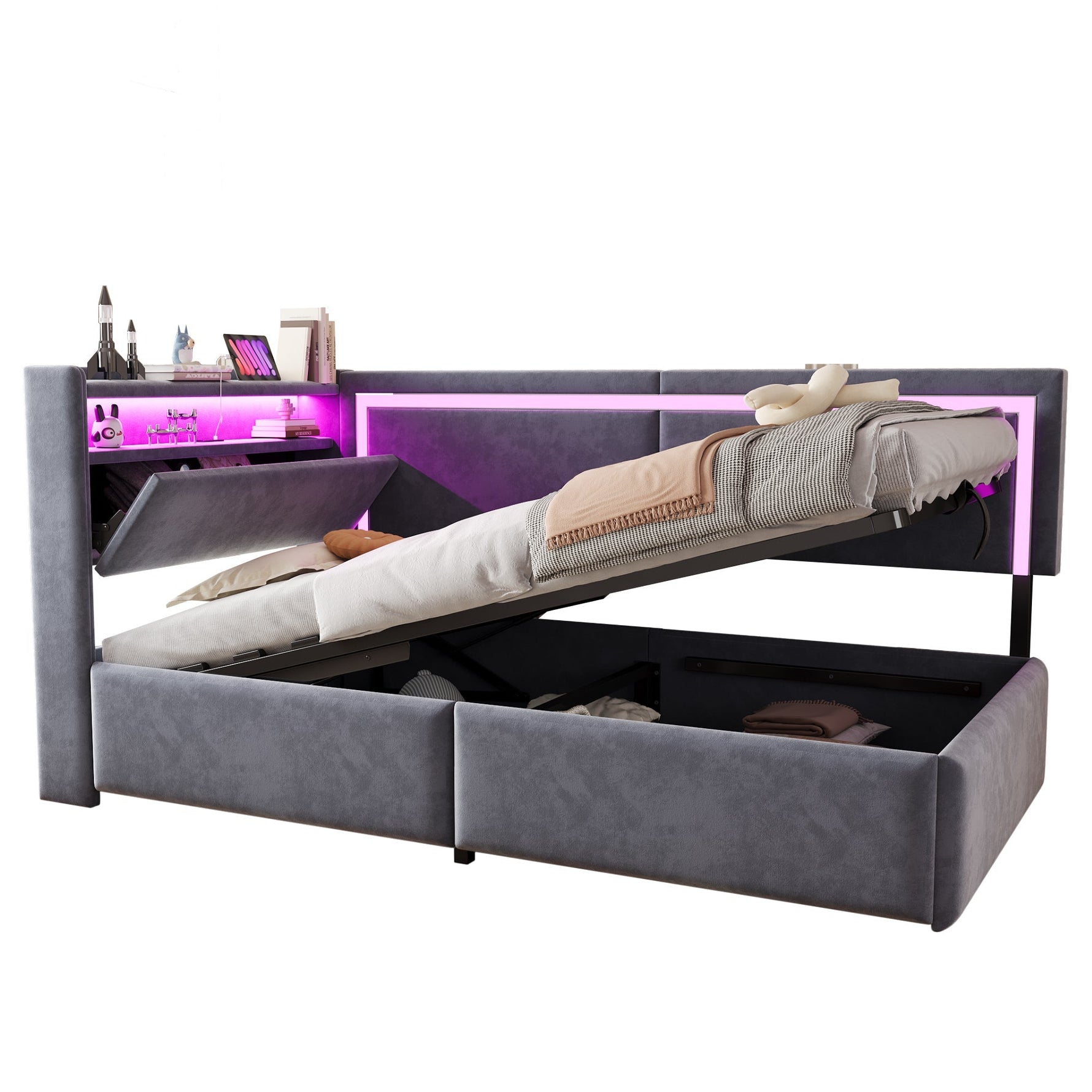 Upholstered Sofa Bed 90x200 cm with LED Lighting, USB Ports and Hydraulic Storage, Dark Grey Velvet