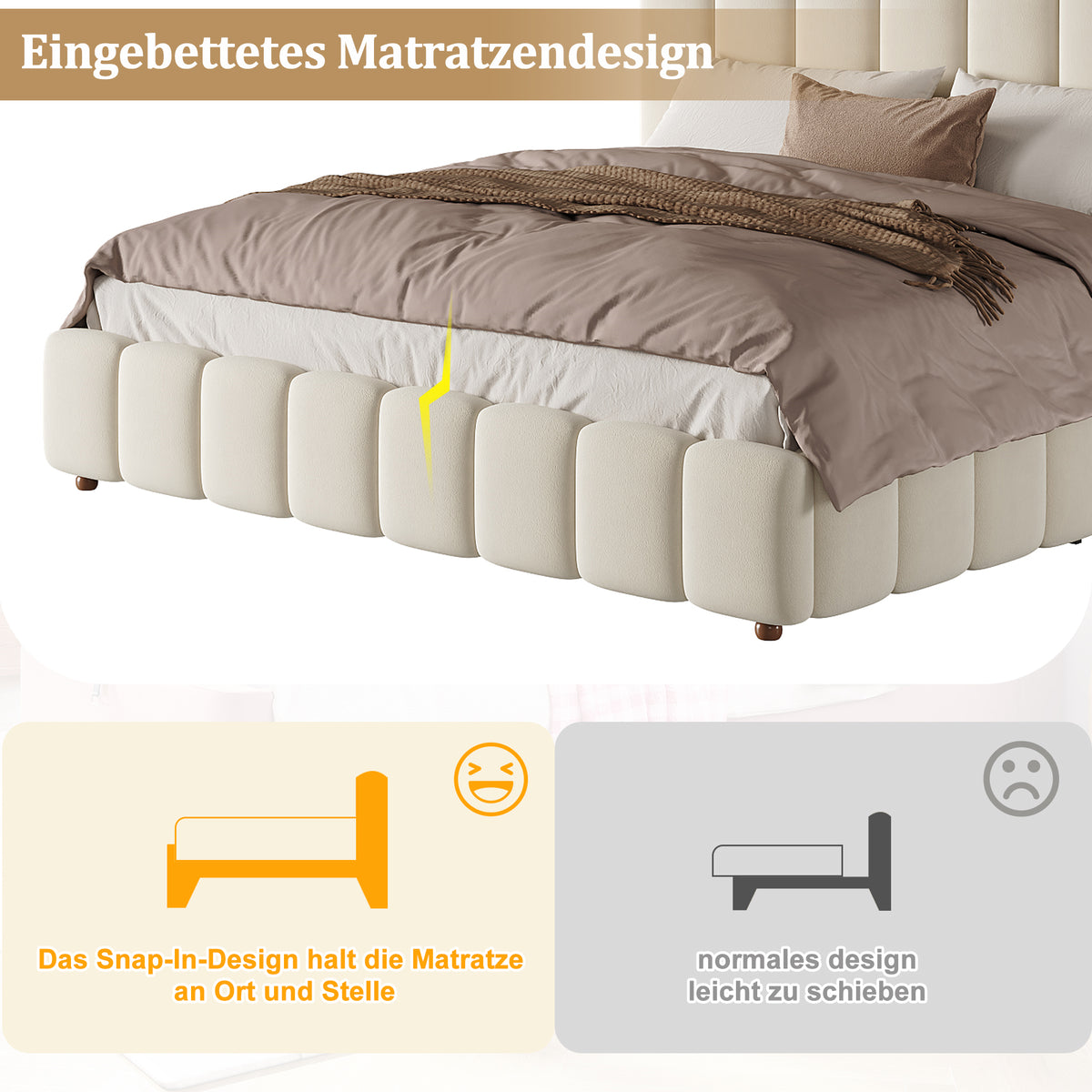 Upholstered Double Bed 180x200cm with Storage, Beige Velvet