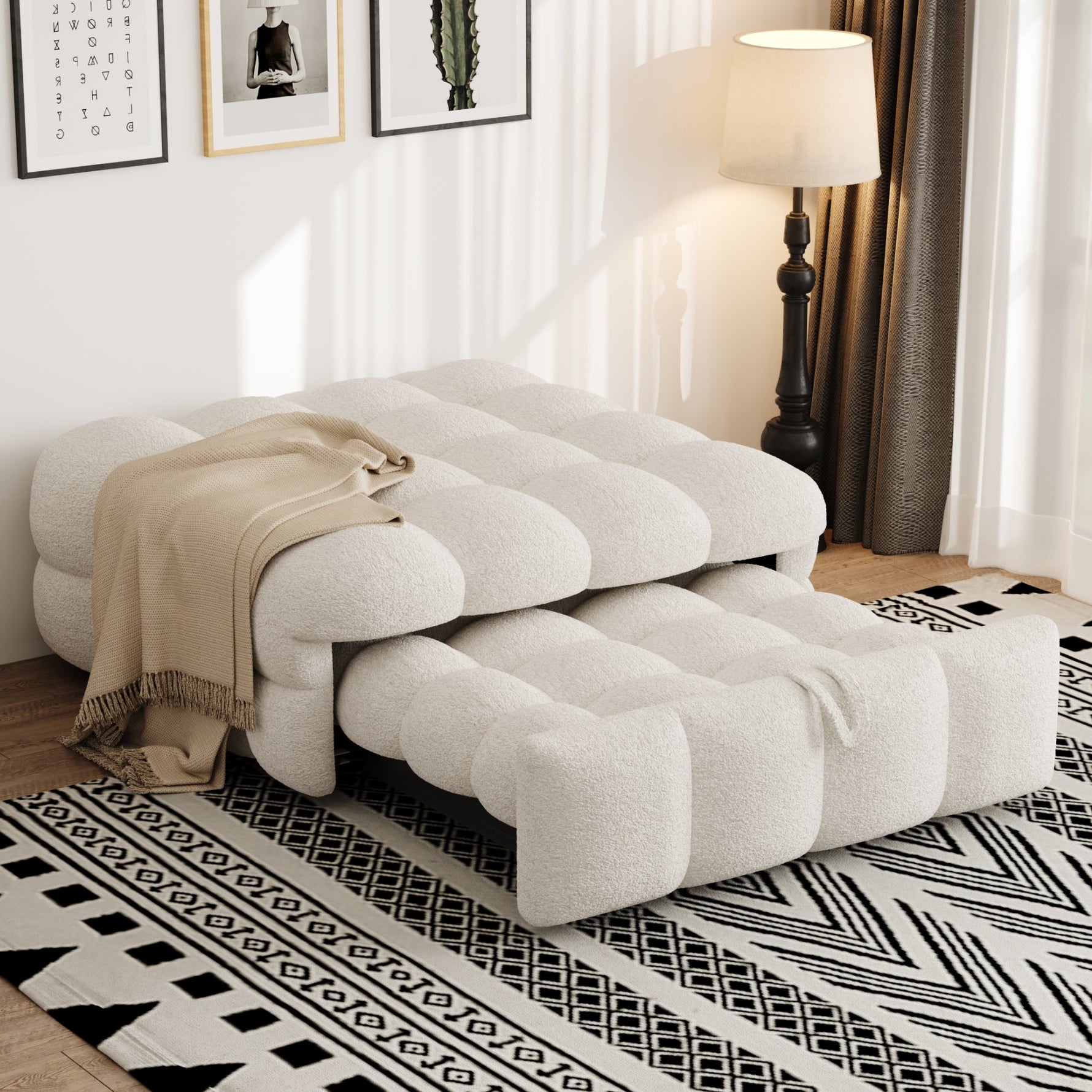 Upholstered Bed 2-in-1 Footstool Pull-out Sofa Bed Single Teddy Fabric Beige
