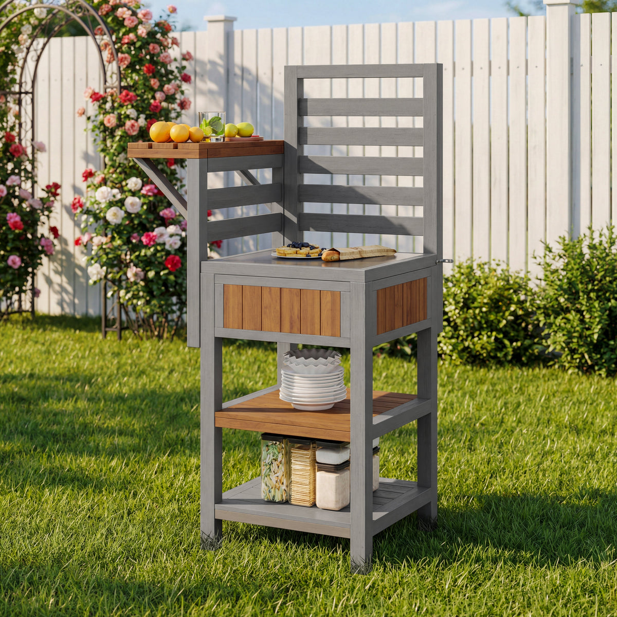 Outdoor Garden Cabinet with Stainless Steel Worktop and Double Shelf, Weatherproof Wood
