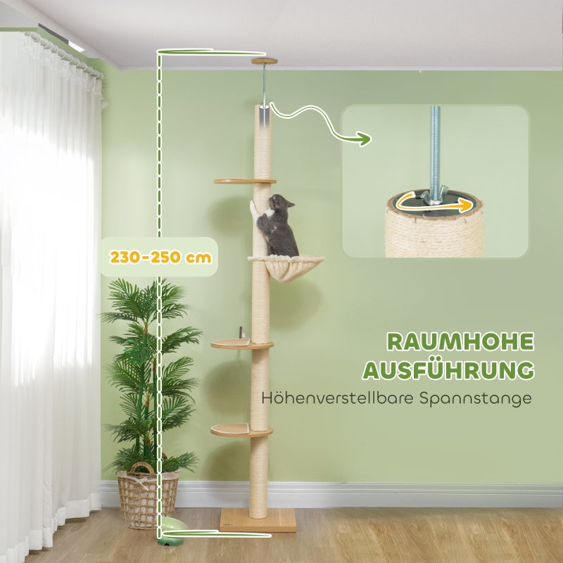 Cat Tree, Ceiling-High Sisal Rope Posts, Engineered Wood, Oak+Cream White