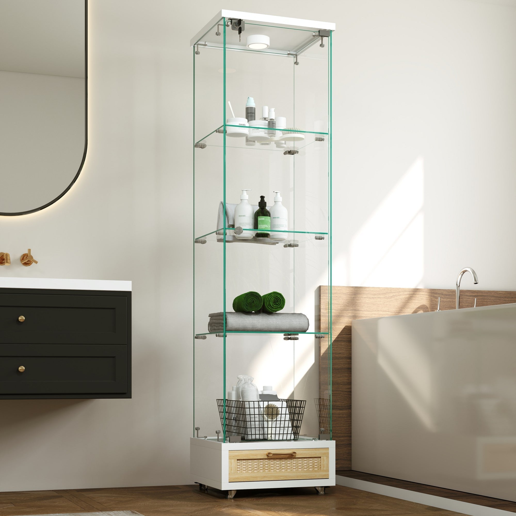 Modern Glass Display Cabinet LED Lights Drawers 4 Shelves - White