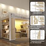 Loft Bed with Desk, Storage Staircase and LED Light Strip, 140x200cm, White Iron Frame