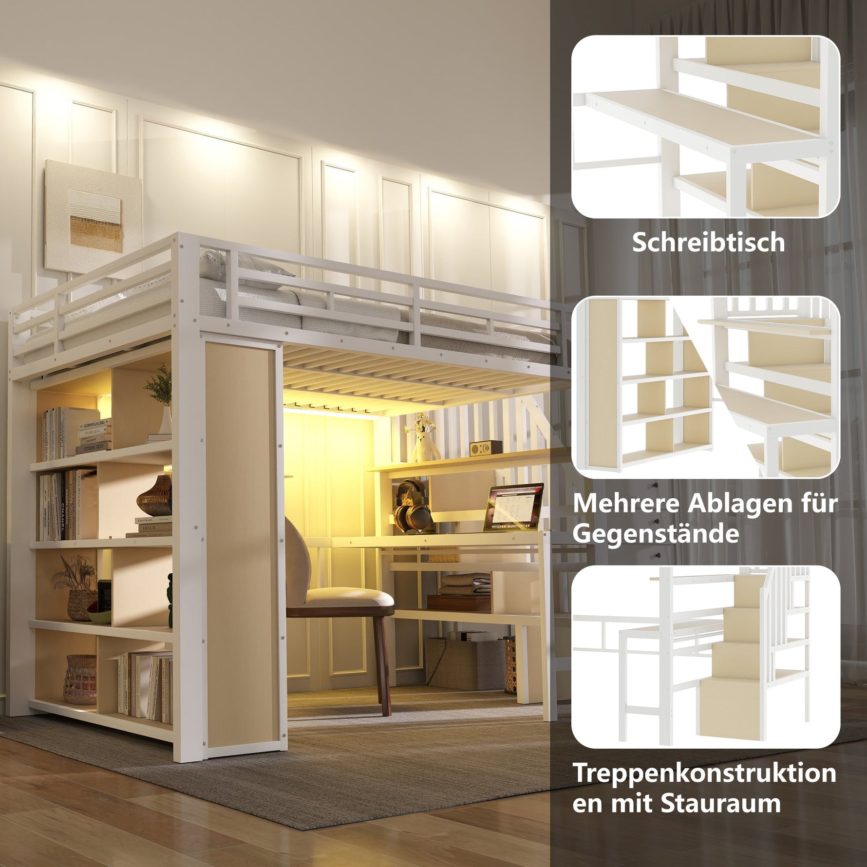 Loft Bed with Desk, Storage Staircase and LED Light Strip, 140x200cm, White Iron Frame