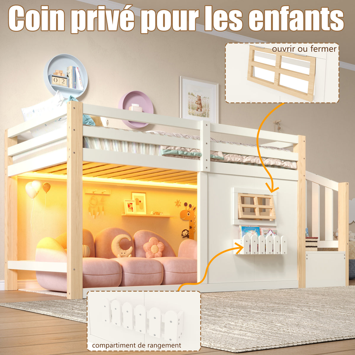 Loft Bed 90x200cm with Window, Storage & LED, Natural White Pine