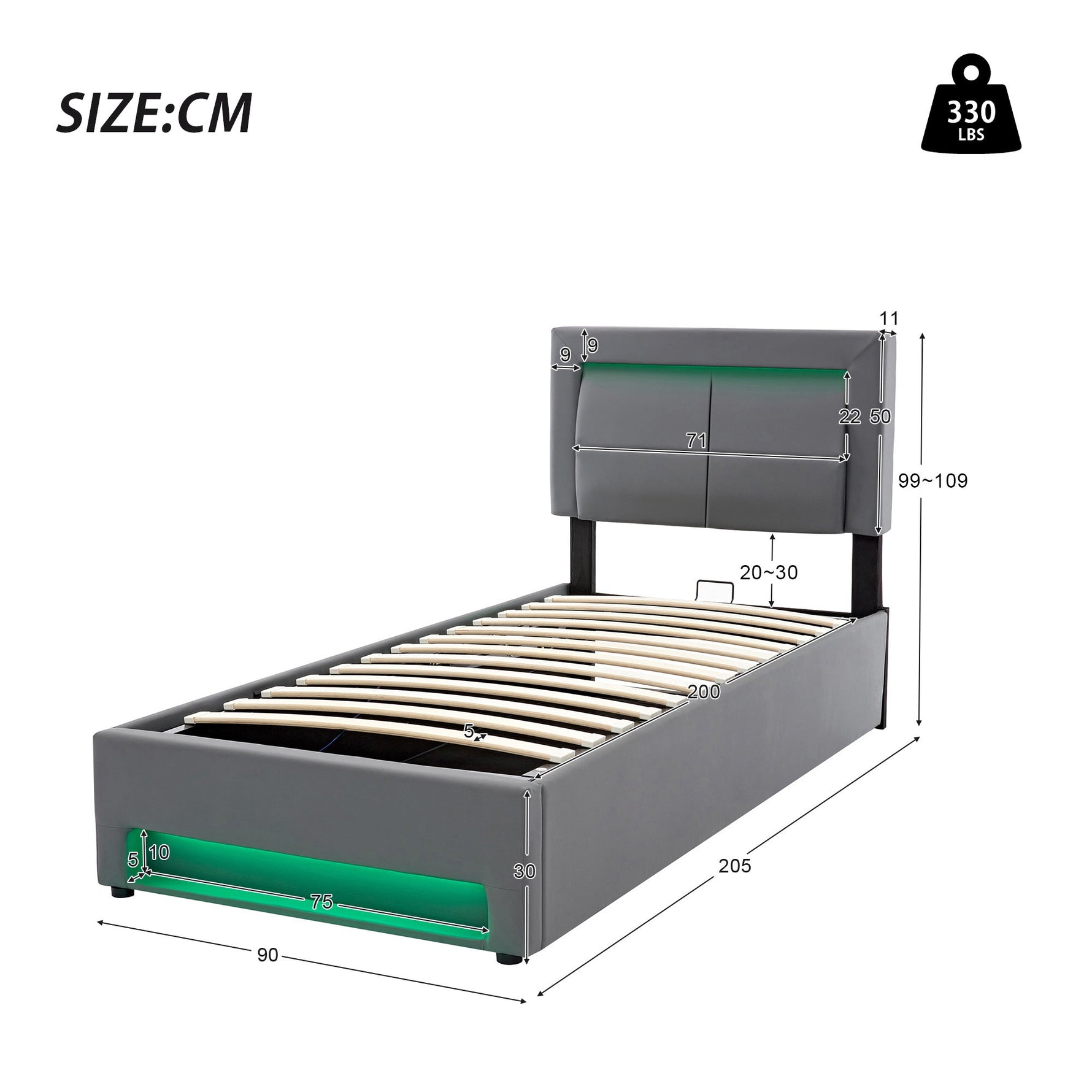 Upholstered Bed 90x200cm LED Storage USB/Wireless Charging - PU Lychee Grey