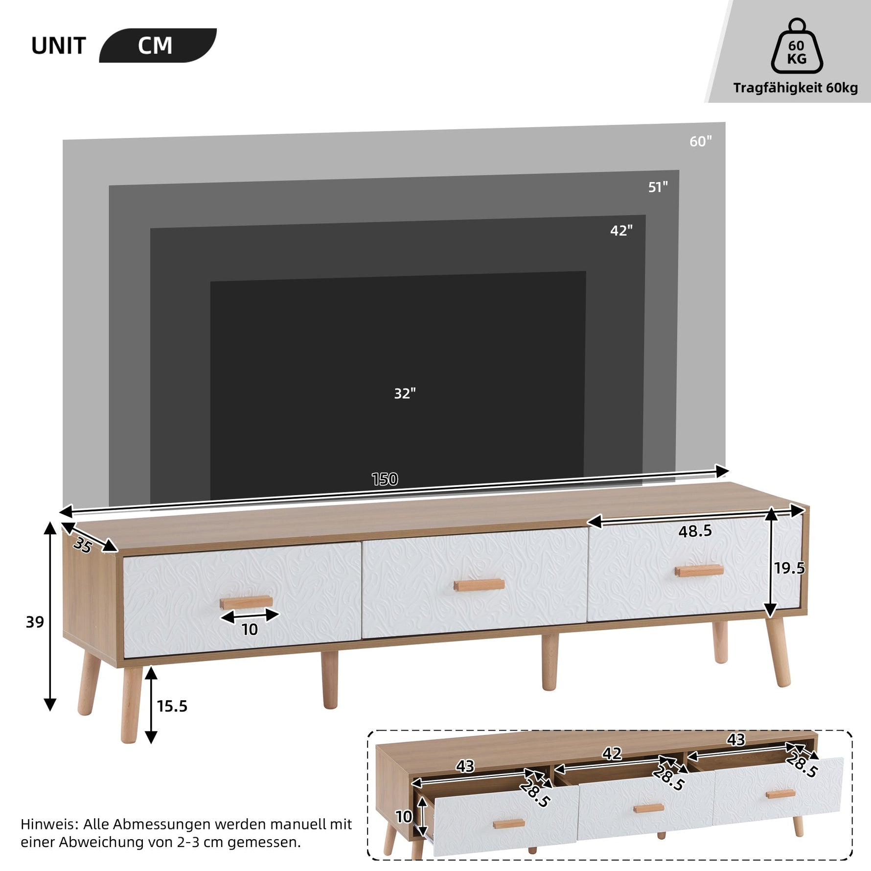 Vintage TV Low Panel Wooden Cabinet/Table 150*35*39cm, Light Wood/White