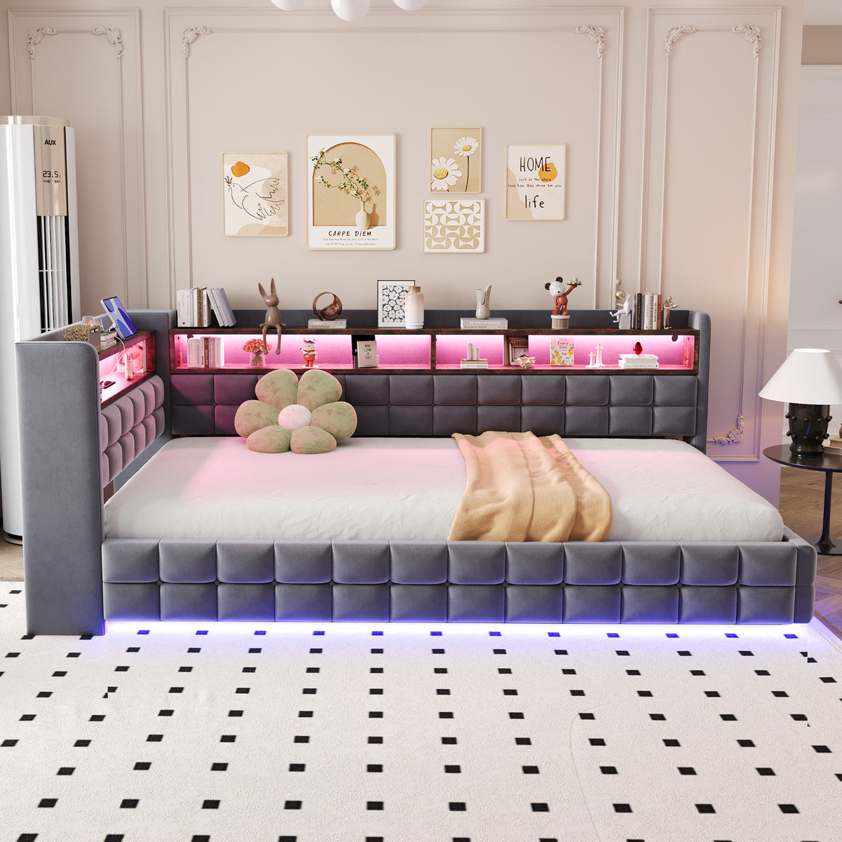Upholstered Bed Set 180x200cm with Storage & Tables, Beige Velvet