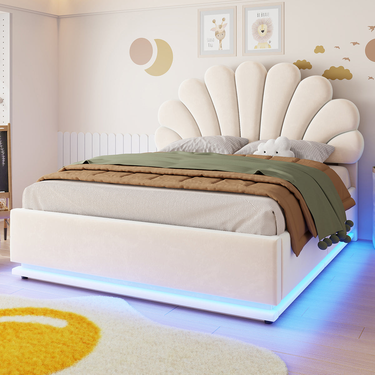 Upholstered Bed 140x200cm with Storage & LED Light, Beige Velvet