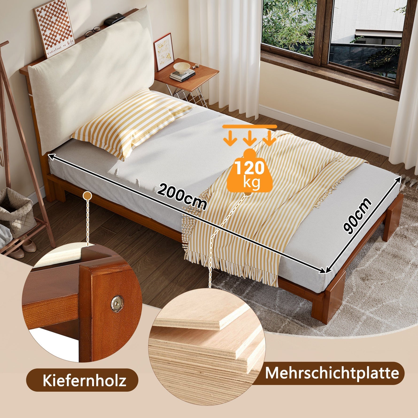Upholstered Single Bed with Padded Headboard and Slatted Base, Dark Brown