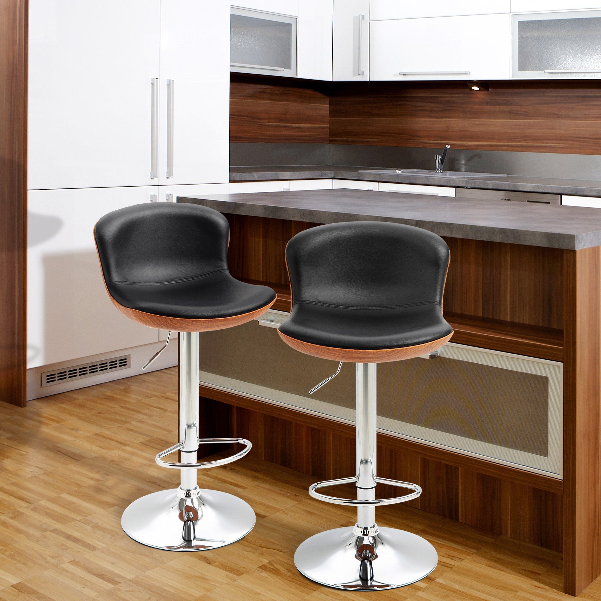 Kitchen Bar Stool Set of 2, Height-Adjustable Swivel with Footrest & Backrest, Faux Leather Black