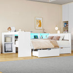 Platform Bed 140x200 with Shelves, Drawers & LED, White Wood