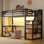 Metal Loft Bed with LED, Socket, Storage Ladder, Shelves and Desk, 90x200cm, Black Metal