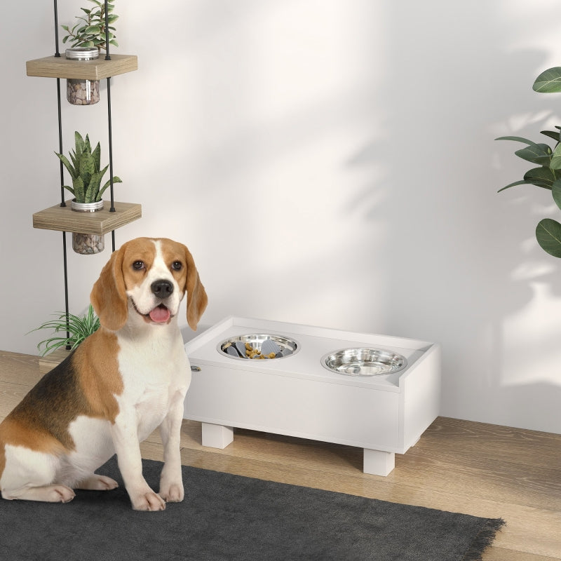 Elevated Dog Feeding Station, Slow Feeder Mat & 2 Aluminum Bowls, White