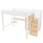 Metal Loft Bed with Desk, Shelf, Wardrobe and Storage Stairs, 140x200cm, White