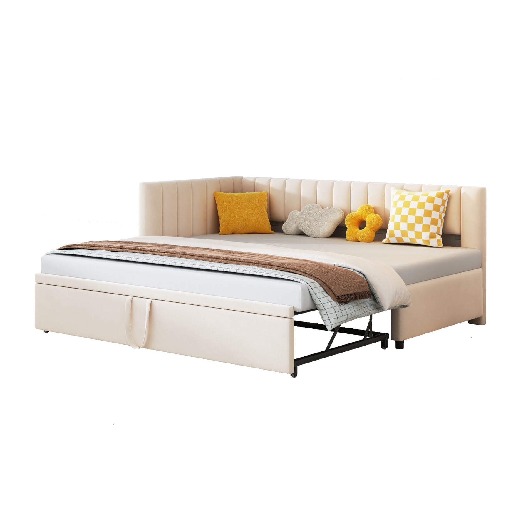 Sofa Bed, L-shaped Pull-out 90/180*200cm, Velvet Beige