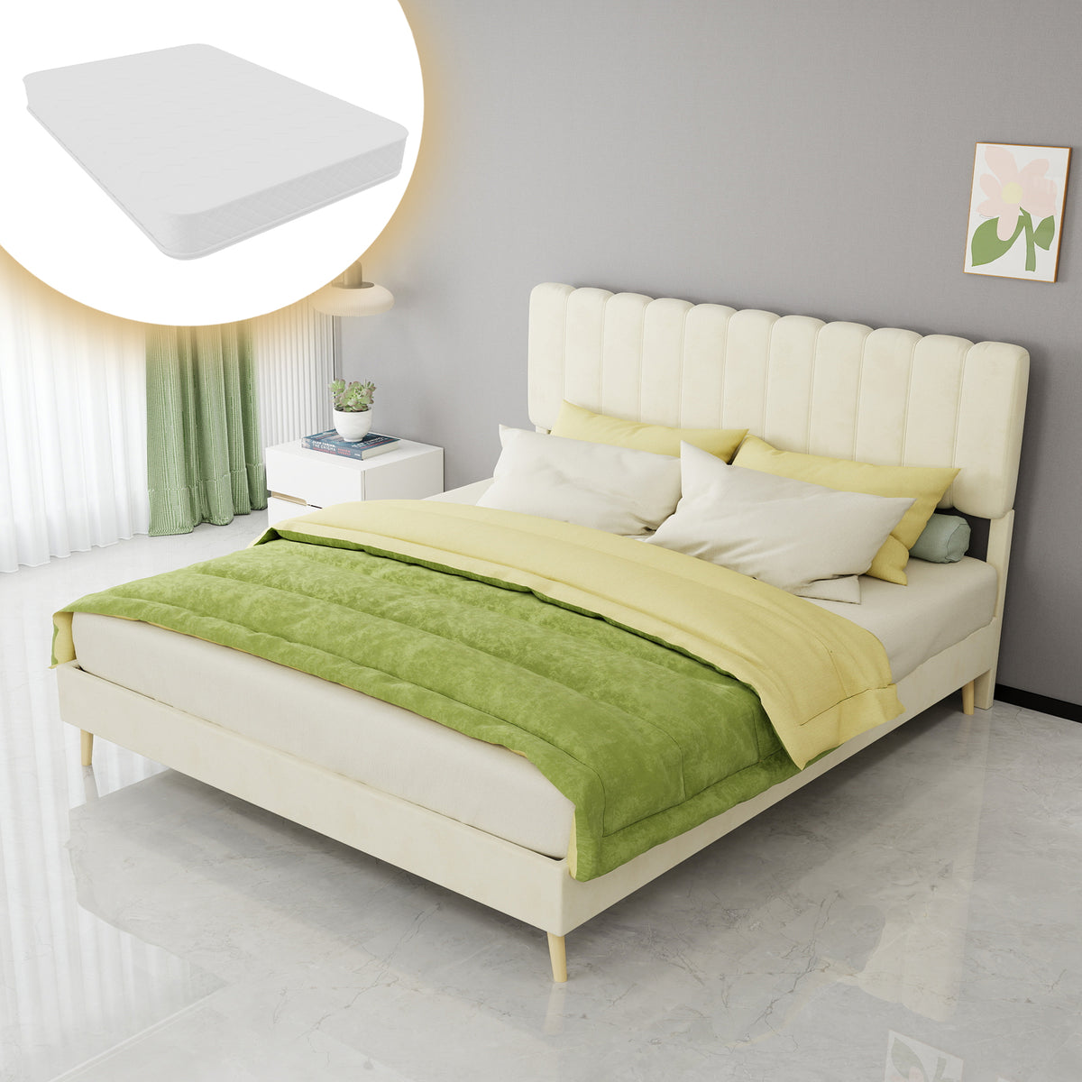 Upholstered Bed 160x200cm with Soft Headboard & Mattress, Beige