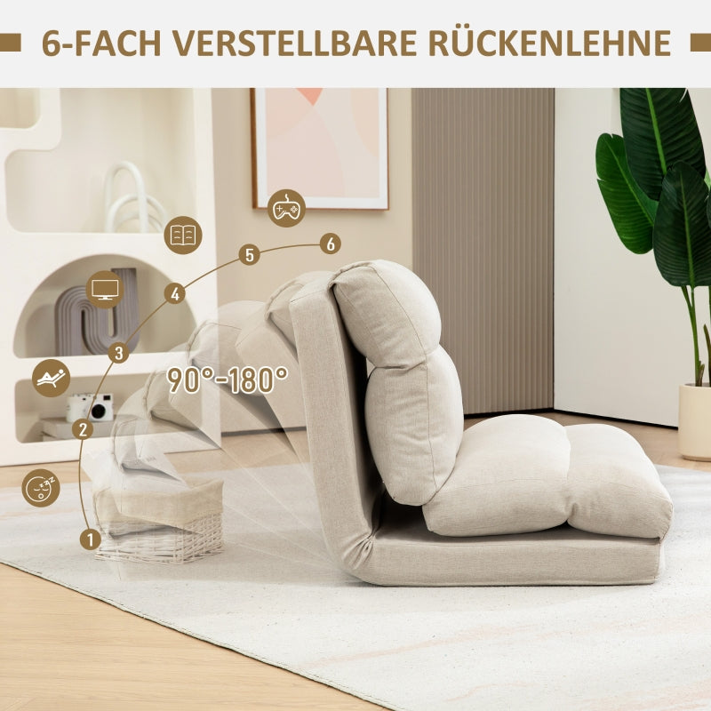 Folding Floor Chair, 6-Level Adjustable, Thick Padding, Bed Function, Beige Linen