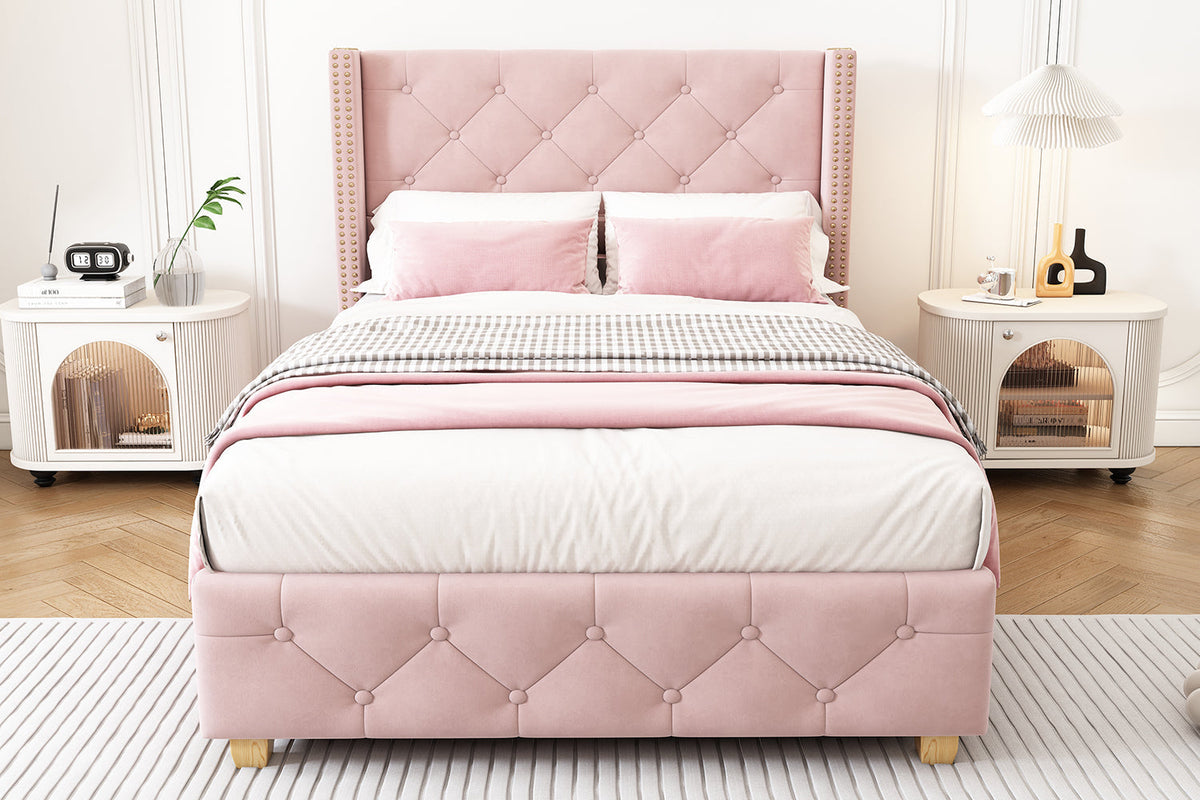 Upholstered Bed 90x200cm Headboard Button Studded Slatted Frame - Velvet Pink
