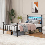 Metal Bed Frame with Vintage Headboard, Footboard, USB & LED, Black
