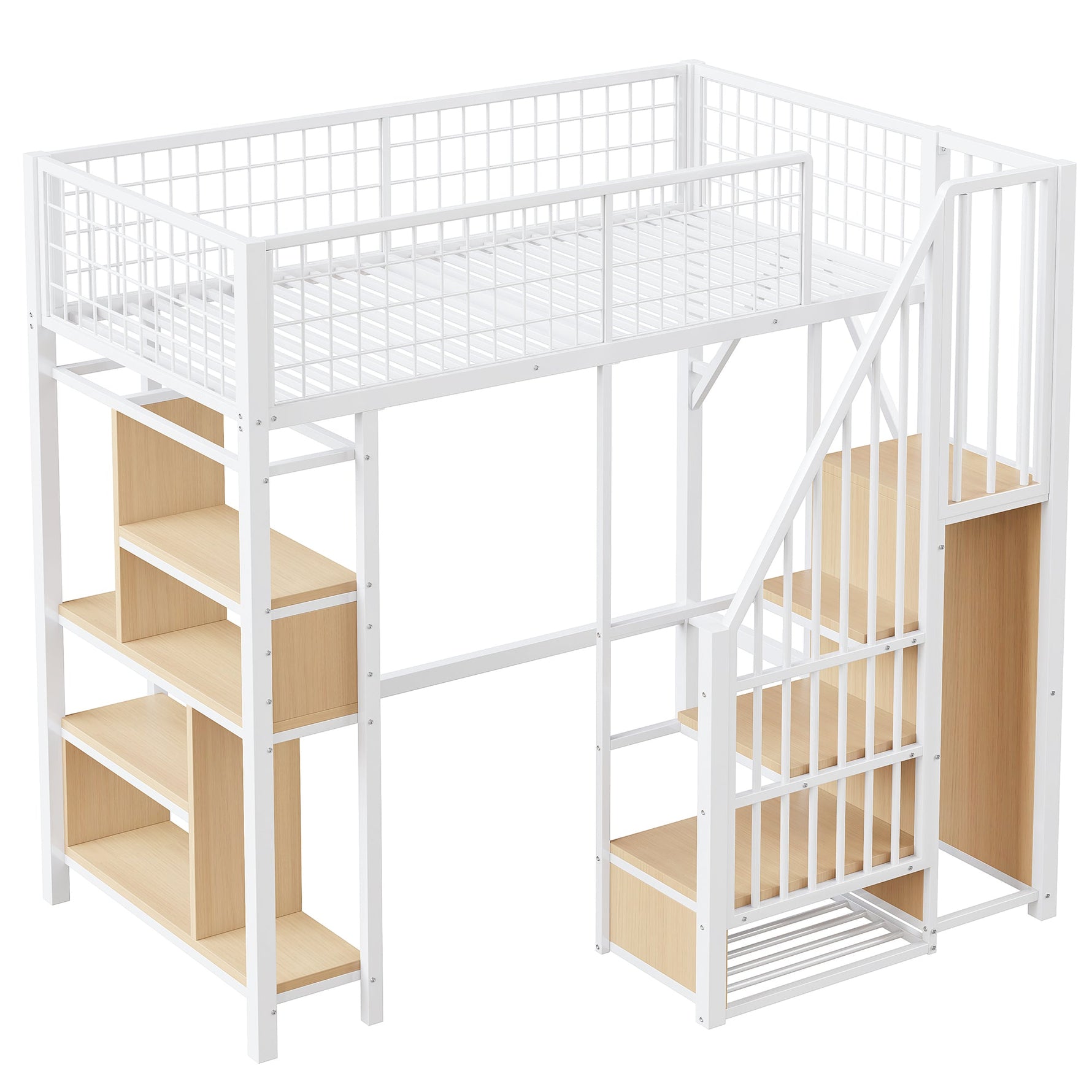 Multifunctional Loft Bed 90x200cm Storage Shelves Stairs, Metal White