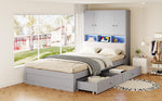 Multifunctional Wooden Bed 90x200cm, LED Storage Headboard, Grey
