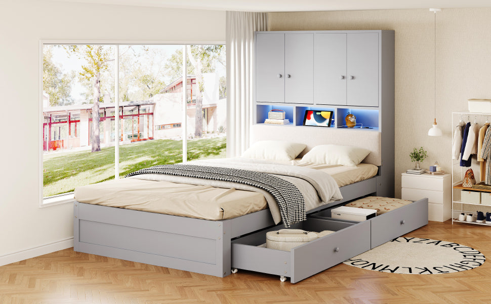 Multifunctional Wooden Bed 90x200cm, LED Storage Headboard, Grey