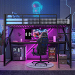 Loft Bed 90x200cm with Desk & LED Strip, Black Iron Frame