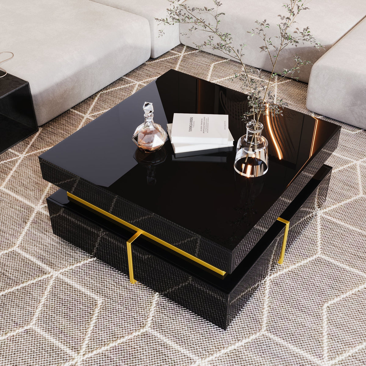Coffee Table with Drawers, High-Gloss, Gold Accents