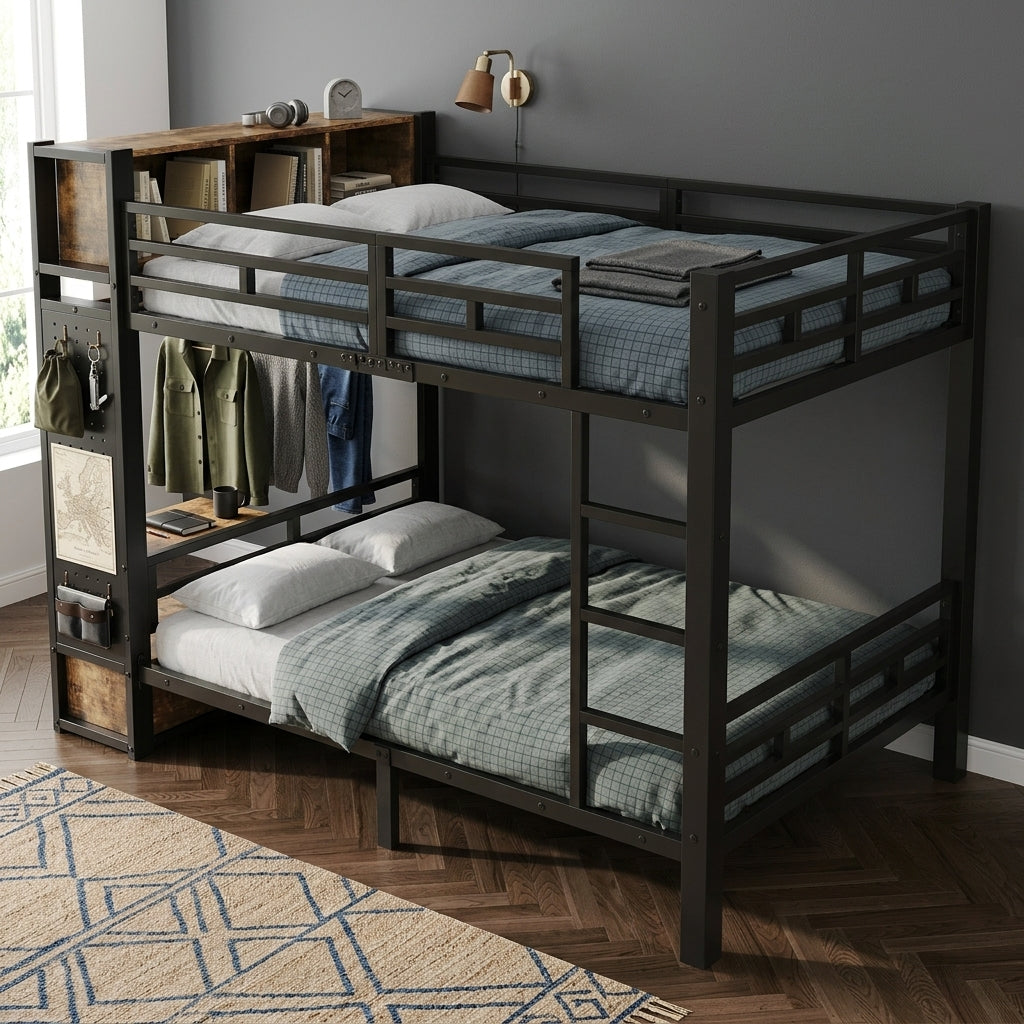Bunk Bed 120x200 cm with Multifunctional Storage System, Black Metal