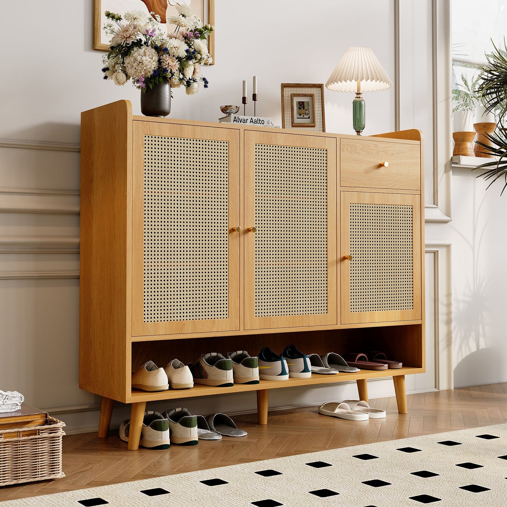 Natural rattan shoe cabinet, 3 doors, 1 drawer, 5 shelves