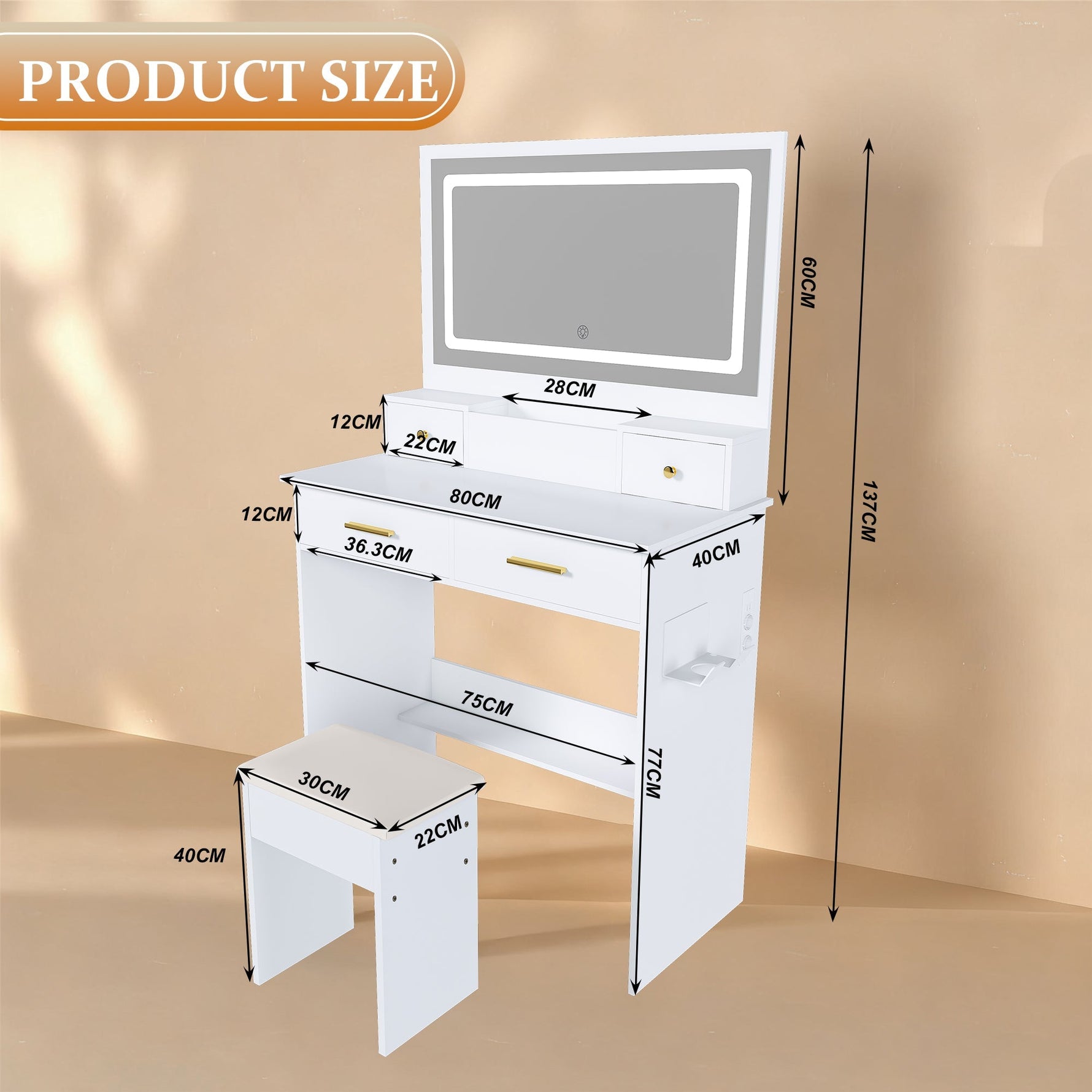 Dressing Table XXL Mirror Stool 4 Drawers LED Socket - White