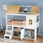 Bunk Bed with Wardrobe & Shoe Rack 90x200cm, White & Natural Pine