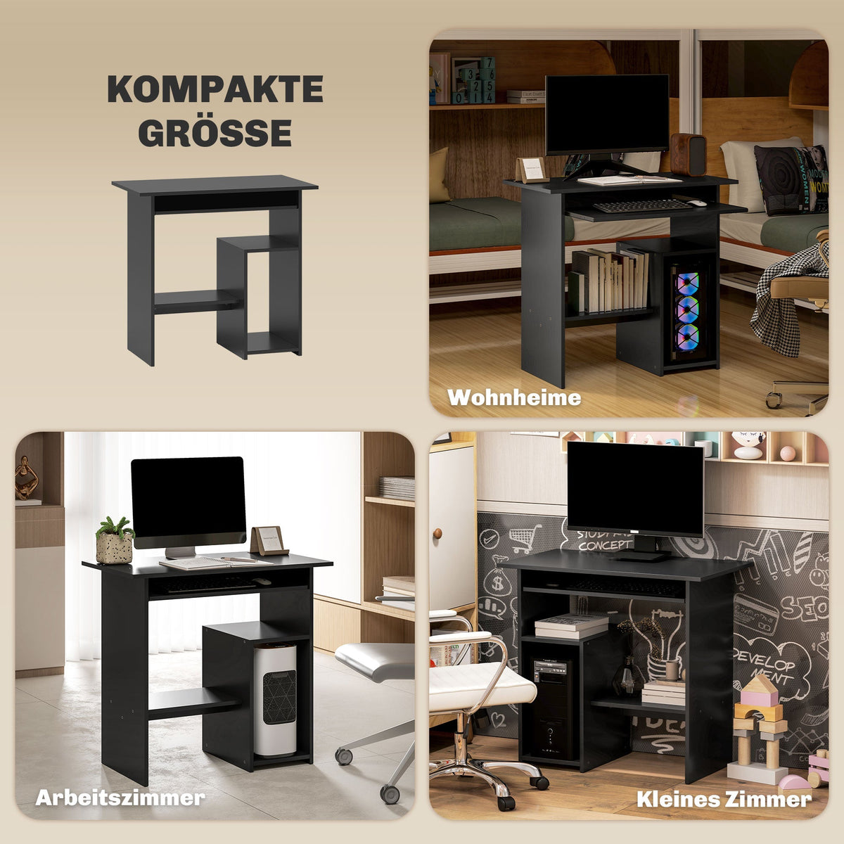 Computer Desk with Open Compartments, Shelves, PC Table, Black